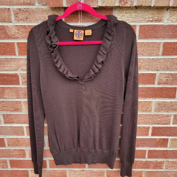 Tory Burch 100% Merino Wool Brown Sweater Women's Size Med Ruffled Collar - Picture 1 of 7